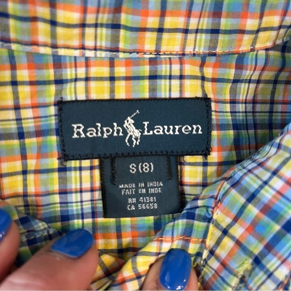 Boys Ralph Lauren yellow blue orange plaid button down shirt size small 8